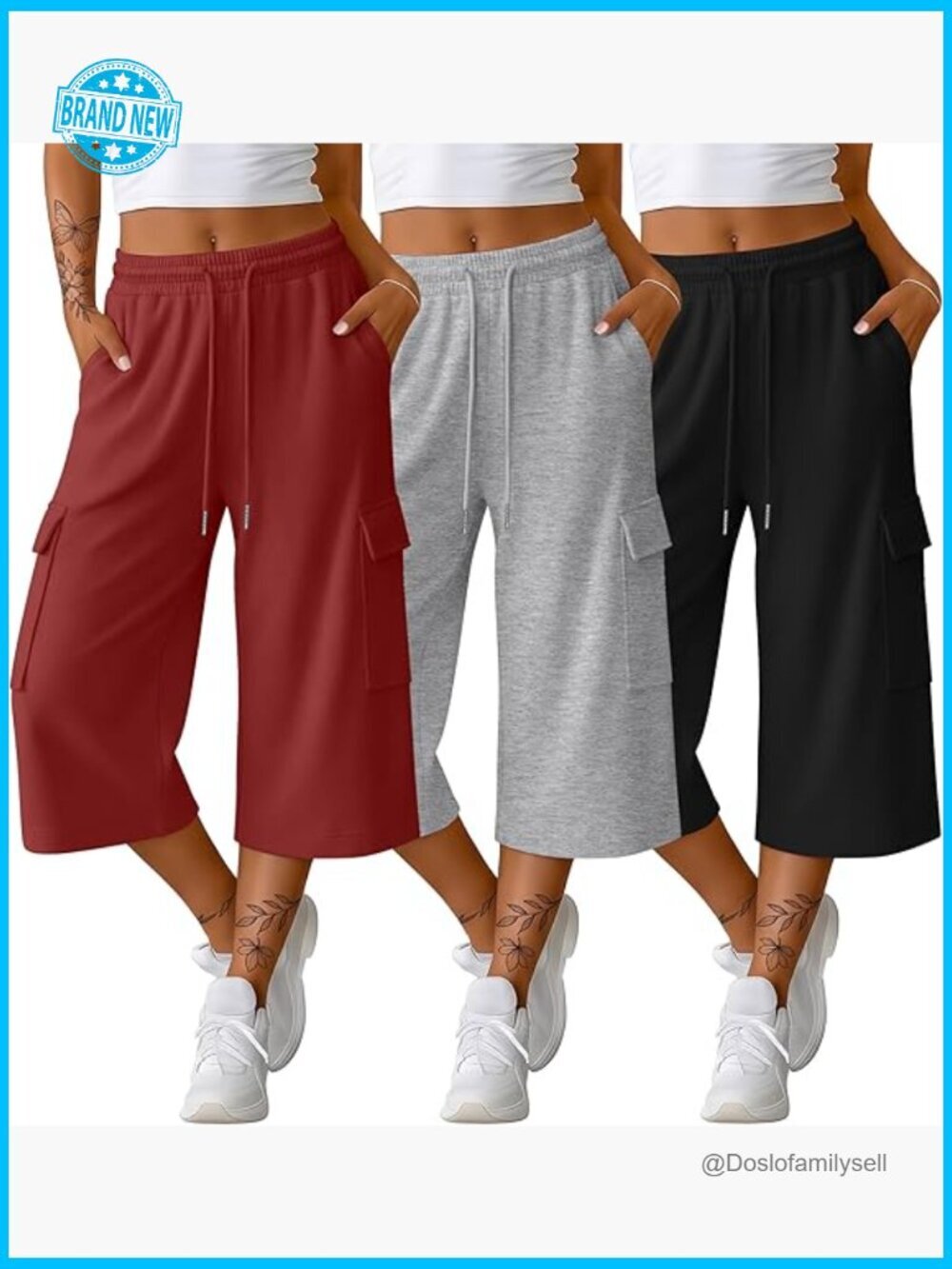 3 Pack Baggy Wide Leg Capri Pants with Pockets